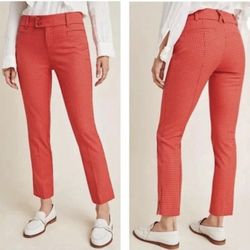Anthropologie Mid-Rise Essential Slim Trousers Red Rouge Windowpane Pants Sz 8