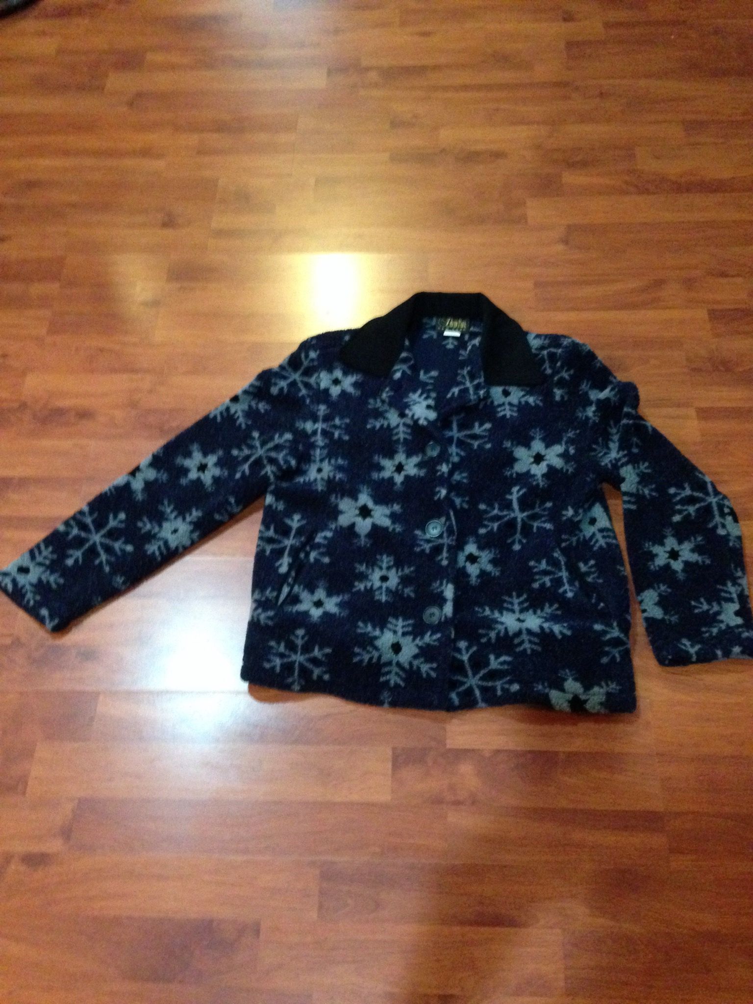 Navy Blue With Snowflakes Women’s Fleece Jacket Button Down With Pockets