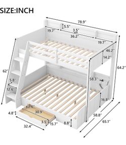 White Twin-over-Full Bunk Bed with Storage & LED Lights – Great Condition
