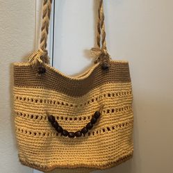 Beige Crocheted  Shoulder Handbag with Bead Accent