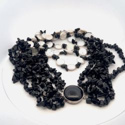 Sterling Silver Genuine Coin Freshwater Pearl & Black Onyx 6-Strand Necklace