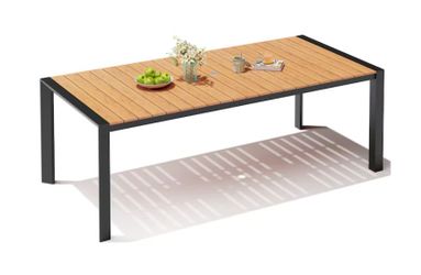 85-in Large Patio Plastic-Wood Top Aluminum Frame Rectangle Outdoor Dining Table 38.98-in W x 82.68-in L with Umbrella Hole