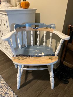 Hand-Painted Nautical Beach Scene Wooden Arm Chair