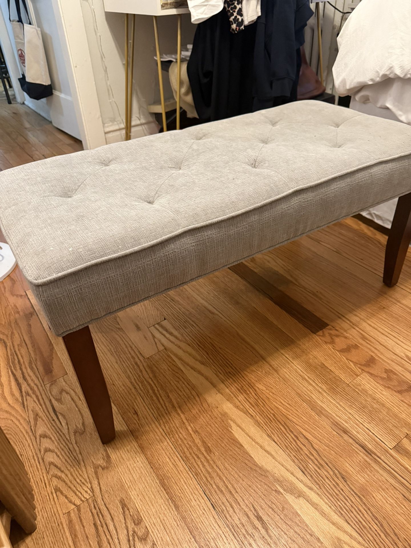 Grey Bedroom Bench with Mahogany Colored Legs