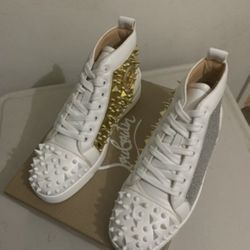 Christian Louboutin White With Gold Spike High Top