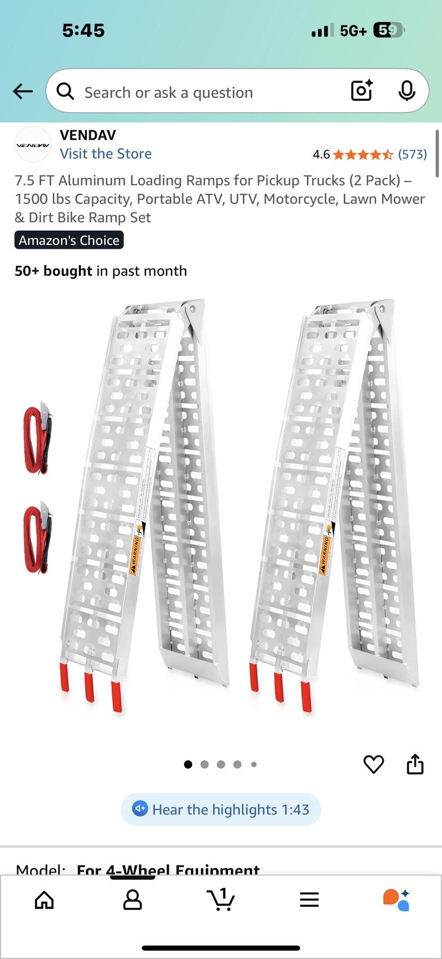 7.5 FT Aluminum Loading Ramps for Pickup Trucks (2 Pack) – 1500 lbs Capacity, Portable ATV, UTV, Motorcycle, Lawn Mower & Dirt Bike Ramp Set