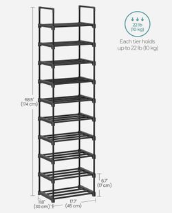 10 Tier LIGHTWEIGHT Shoe Rack Shelves Storage Organizer for Space Saving Corner Entryway Size Length 17", Width 11", Height 69" New Condition