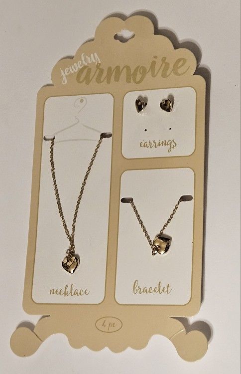 Gold Heart Charm Jewelry Set Includes Bracelet Necklace & Earrings