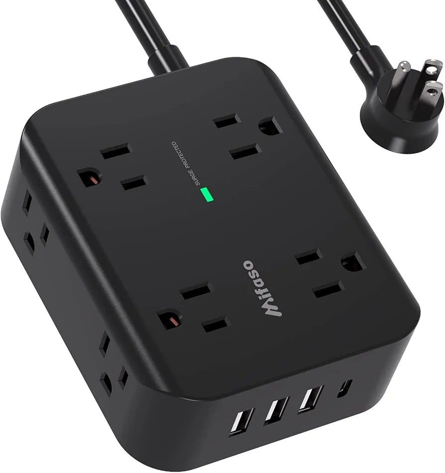 Power Strip Surge Protector - Flat Plug, Wall Mount, 8 Wide Outlets with 4 USB Ports (1 USB C), 5FT Heavy Duty Extension Cord with Multiple Outlets, C