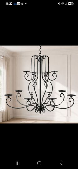 Large 10-Candle Wrought Iron Hanging Chandelier Black Gothic Candelabra 50”