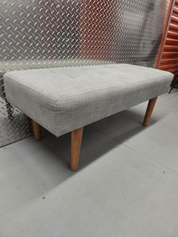 Gray Tufted Upholstered Bench with Wood Legs /  Mid-Century Modern Upholstered Bench - Tufted Light Grey Linen