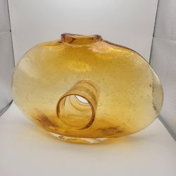 Vintage Funky Yellow Amber Hand Blown Glass Center Hole Oval Vase 6.5"x10"