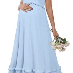 OUGES Womens 2026 Summer Maternity Photoshoot Dress Boho Maxi Smocked Baby Shower Dress Ruffle Sleeve Maternity Clothes