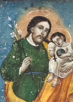 Saint Joseph, Caressing Baby Jesus Oil Painting. Retablo .