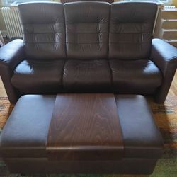 ekornes stressless 3 seater leather sofa and leather storage ottoman
