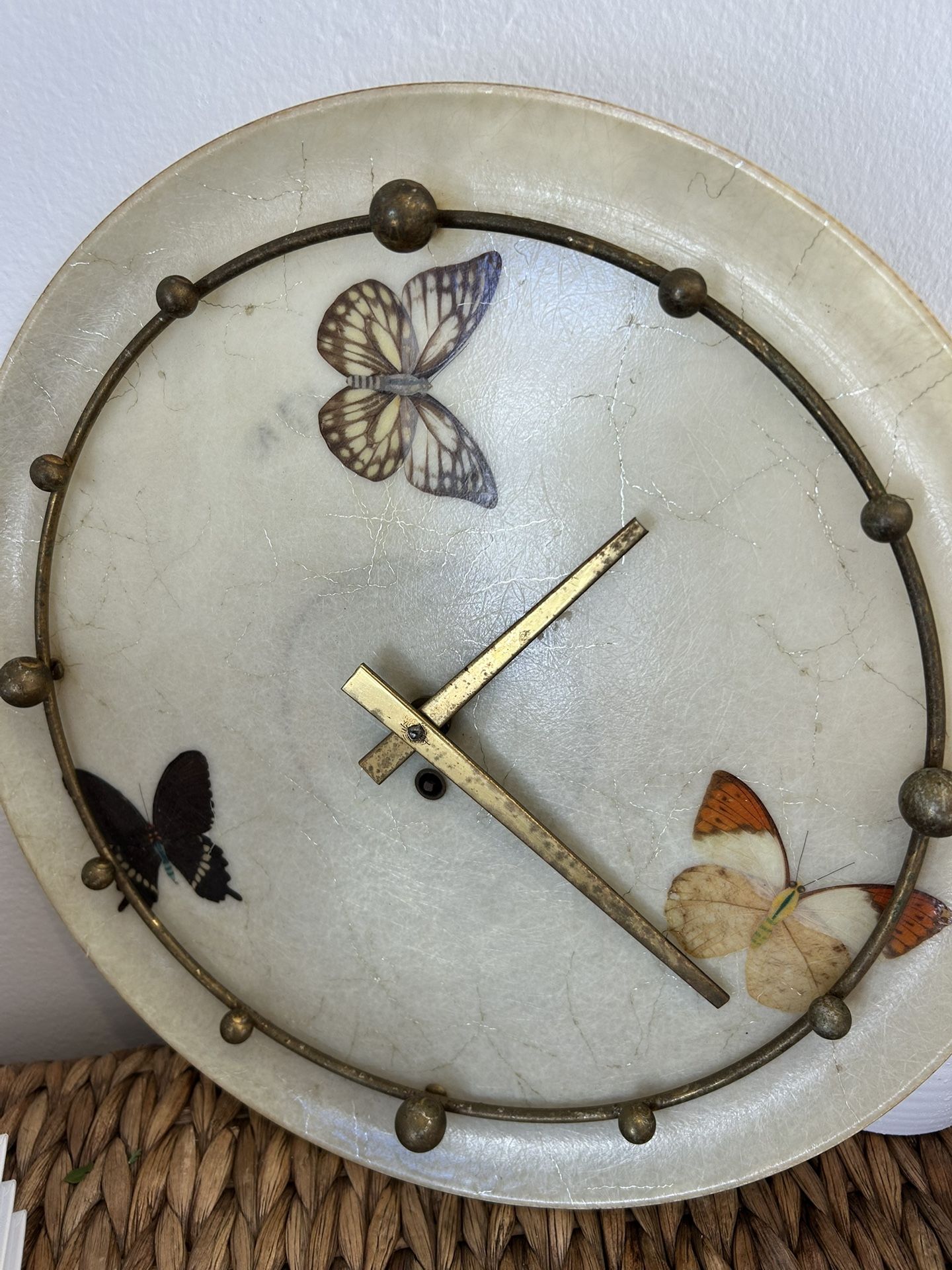 Vintage MCM Butterfly brass butterflies Fiberglass Wall Clock NONWORKING MID CENTURY Rare collectible Decor