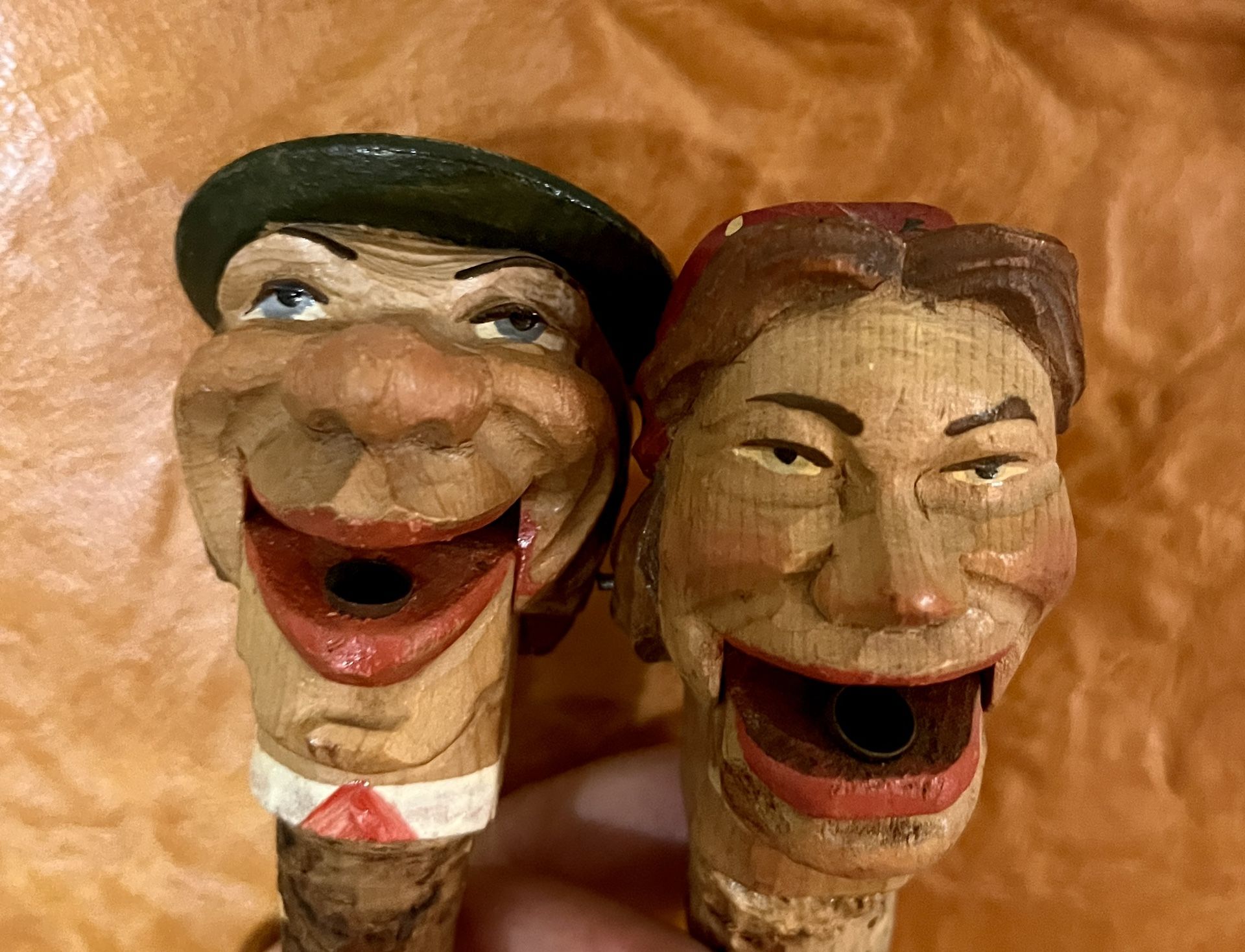 Vintage Hand-Carved Wooden Wine Bottle Stoppers – European Folk Art Pair