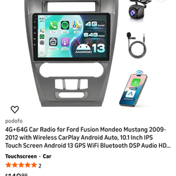 4G+64G Car Radio for Ford Fusion Mondeo Mustang 2009-2012 with Wireless CarPlay Android Auto, 10.1 Inch IPS Touch Screen Android 13 GPS WiFi Bluetooth