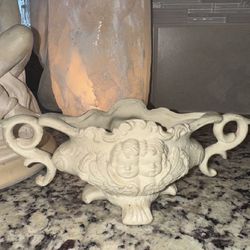 Ornate Ceramic Jardiniere with Cherubic Faces and Handles