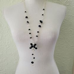 Vintage Art Deco Czech Faceted Crystal Beaded Necklace 30" Black Clear Tassel