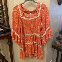 FREE PEOPLE Women Orange Talk About It Floral Boho Tunic Top Size Large