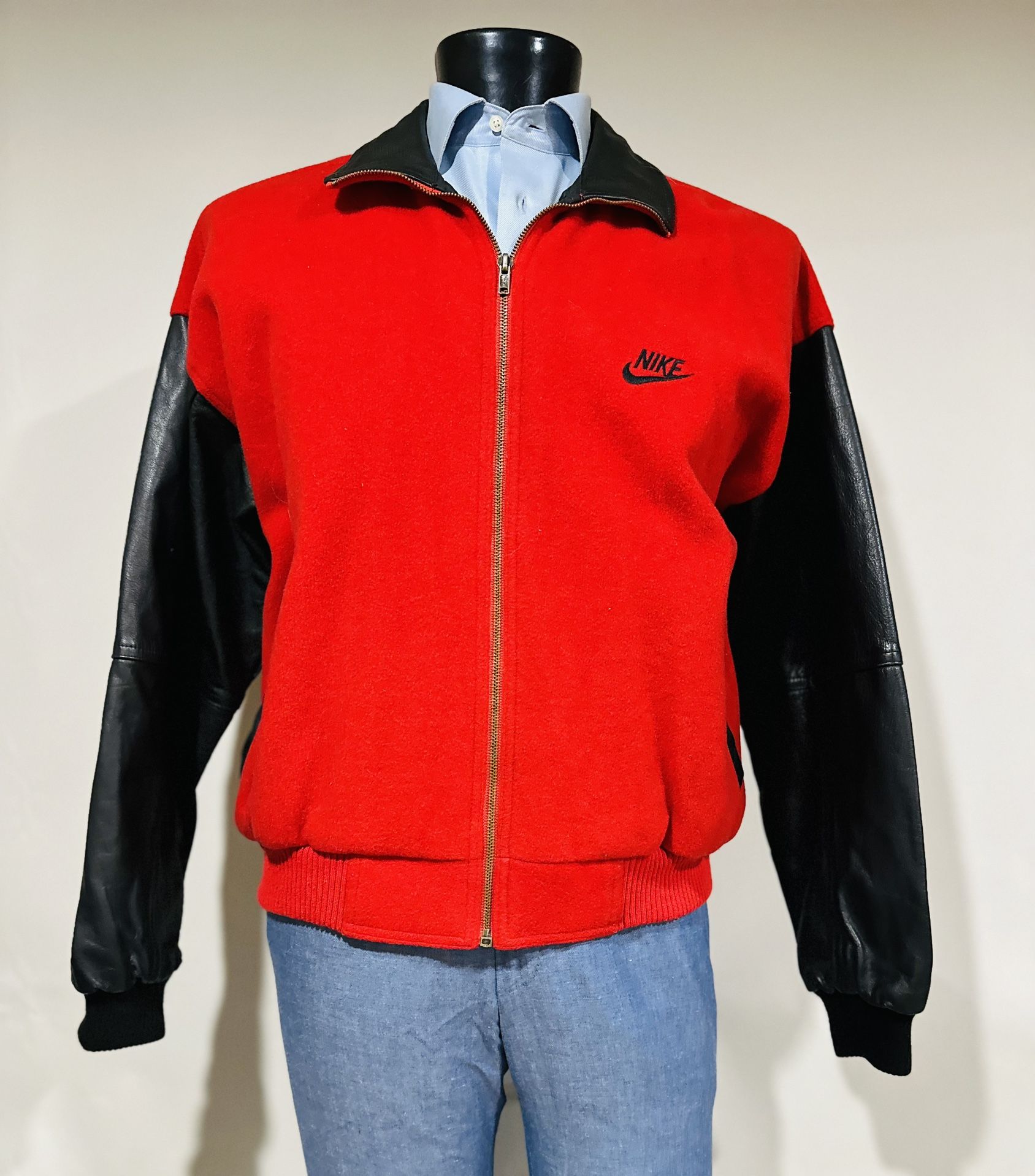Rare Vintage Nike Force Wool Leather Varsity Red Black Mens Jacket M