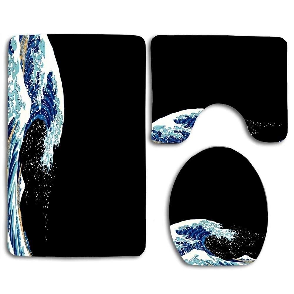 Great Wave Off 3 Piece Bathroom Rugs Set Bath Rug Contour Mat and Toilet Lid Cover