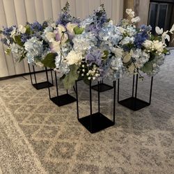 Luxury Blue & White Wedding Centerpieces w/ Candle & Modern Black Stands – Set of 6