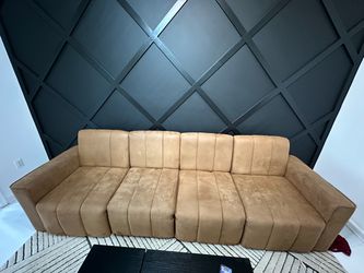 Large Tan Suede Channel-Tufted Sofa