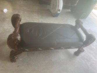 Ornate Carved Wood Bench with Leather Seat