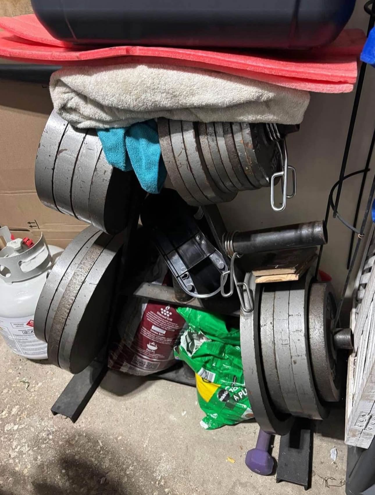 Olympic steel weights (t475LBS TOTAL) less than a dollar per pound + weight tree