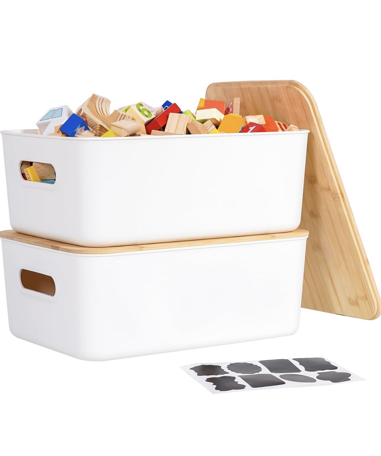 Citylife 2 PCS Storage Bins with Bamboo Lids Plastic Storage Containers for Organizing Stackable Storage Box with Handle, 15.12 x 10.67 x 5.98 inch