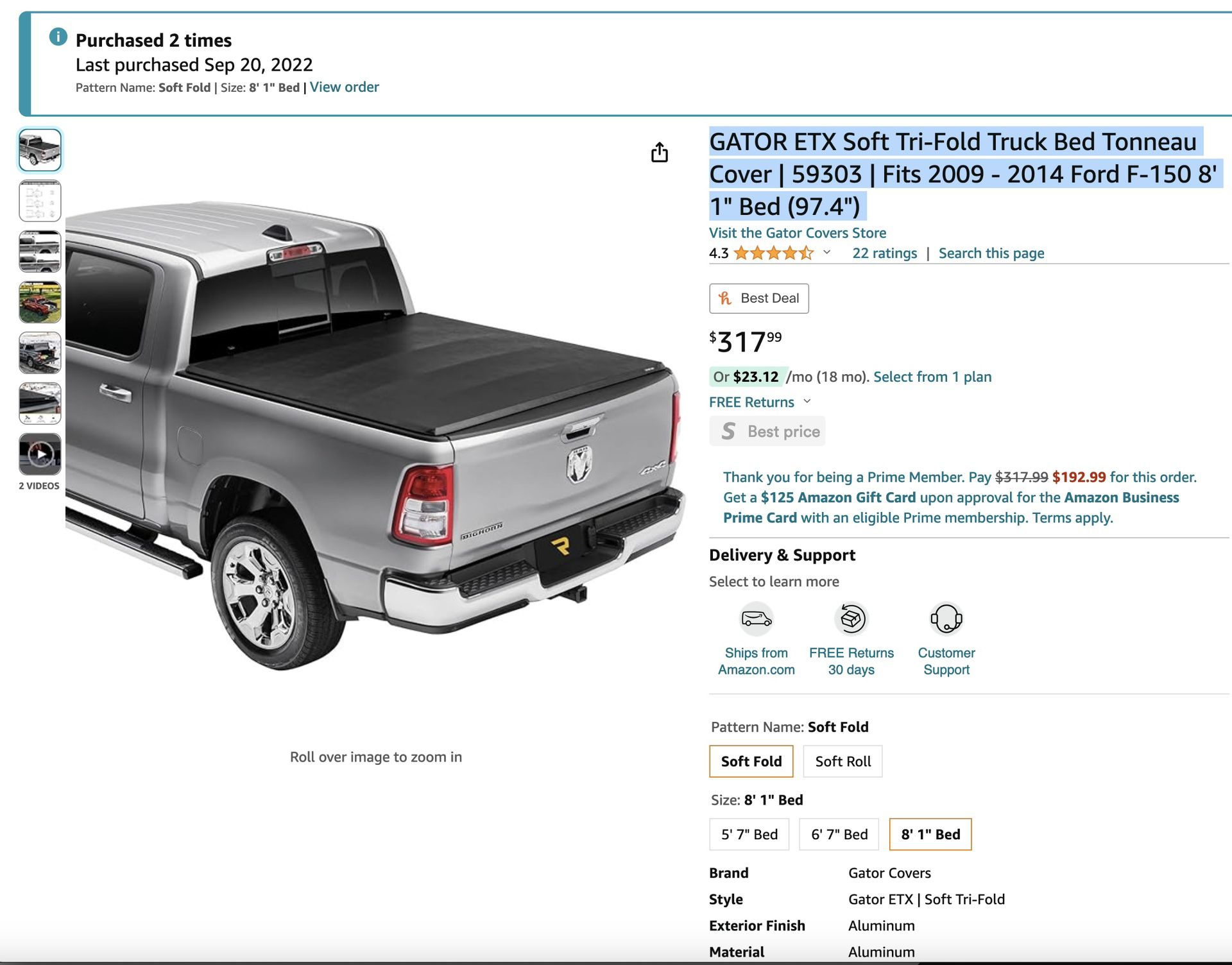 Used Gator Ford F-150 Truck Bed Tonneau Cover Fits 2009-2014 8ft Bed