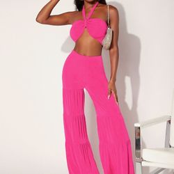 NEW Crop Halter Top  / Bikini Top & Flare Leg Pants HOT PINK  Size 8-10