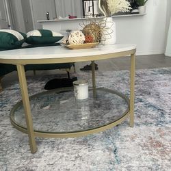 Modern Round Coffee Table – Marble Top + Gold Frame + Glass Shelf