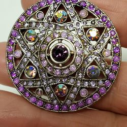 Gorgeous Purple Lavender And Irridescent Clear Rhinestones Silvertone Brooch