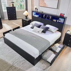 King LED Bed Frame with Storage Headboard, Charging Station & 4 Drawers Bed,Black