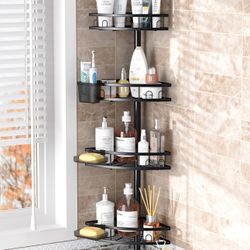 Tension Pole Shower Caddy Corner: Adjustable 4tier Bathroom Organizer Shelves - Rustproof Bathtub Shampoo Rack 43.5-120 inch Full Stereo Sound PC Spea