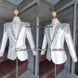 Luxury White Men Gem Diamond Suit Jacket + Black Pants