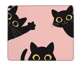 Black Cat Mouse Pad on Pink Background | Stitched Edge Mousepad with Non-Slip Rubber Base | 10” x 8”
