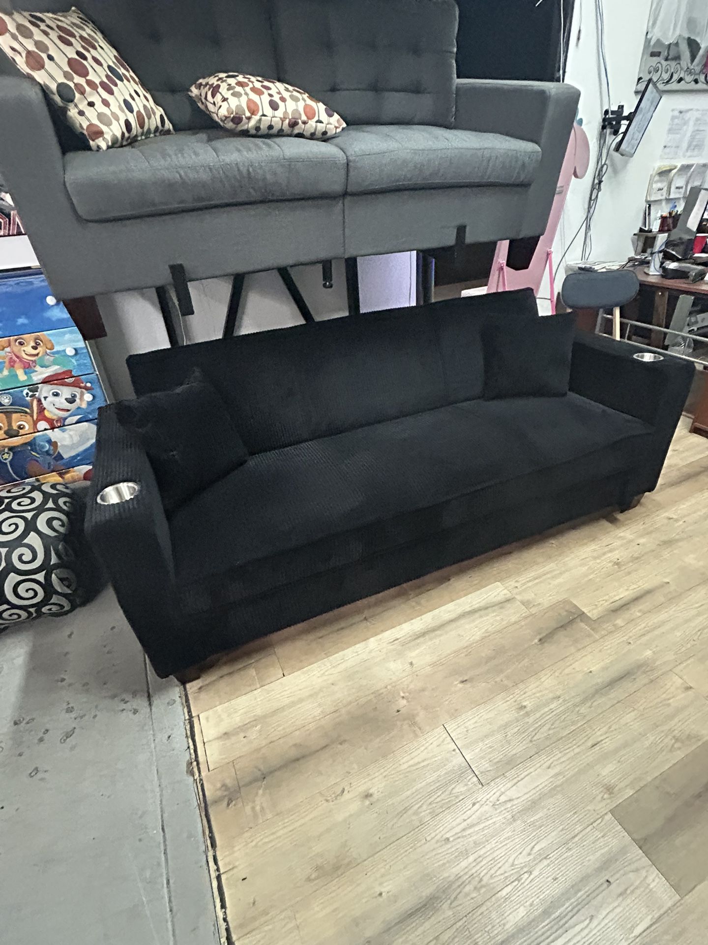 Sofa Bed Convertible Black Corduroy 