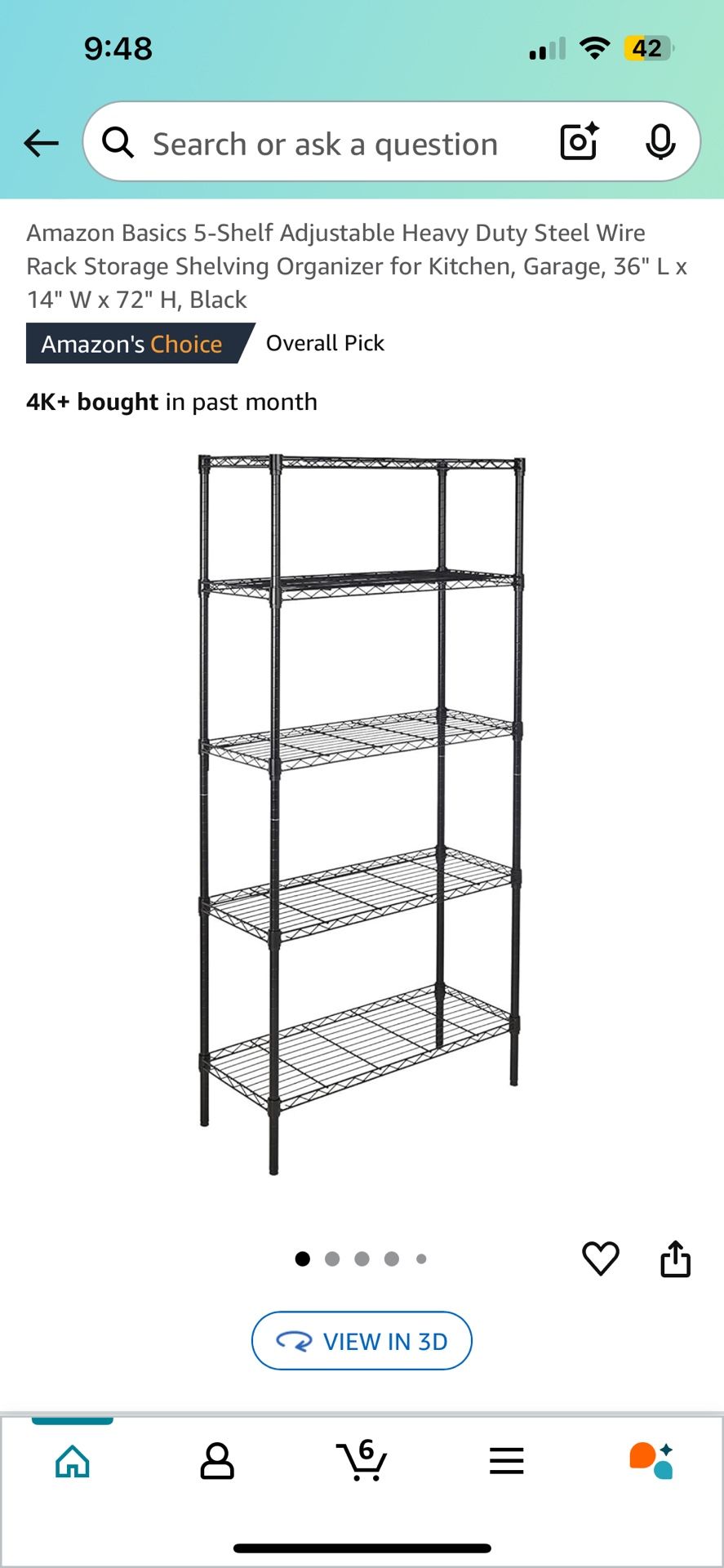 Amazon Basics 5-Shelf Adjustable Heavy Duty Steel Wire Rack Storage Shelving Organizer for Kitchen, Garage, 36" L x 14" W x 72" H, Black