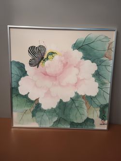 VTG CHINESE ORIGINAL PAINTING ON SILK " BUTTERFLY & PINK ROSE" FRAMED NO GLASS TOP. 2.25" SQUARE EXCELLENT VINTAGE CONDITION SEE ALL PICTURES.