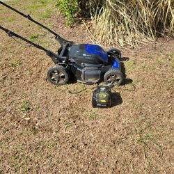 KOBALT 80 VOLT BATTERY MOWER WITH TWO BATTERIES AND CHARGER.