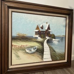 Beautiful vintage Framed Oil Painting of Seaside Cottage and boat