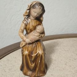 Vintage Virgin Mary Baby Jesus Figurine Spain Glazed Wood Carving