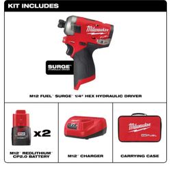 2551-22 M12 FUEL SURGE 12V Lithium-Ion Brushless Cordless 1/4 in. Hex Impact Driver Compact Kit w/Two 2.0Ah Batteries, Bag