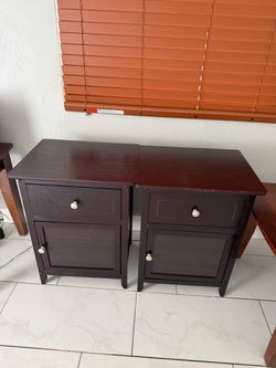 Pair of Dark Wood Nightstands with Drawer and Cabinet