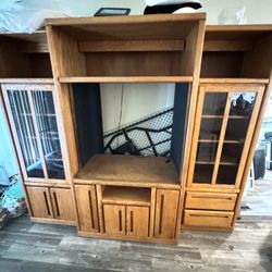 FREE 3-piece oak entertainment TV center W/glass doors and lighting