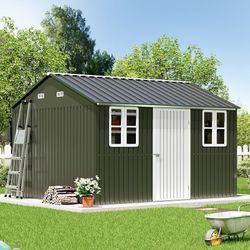 Vanacc 12x10.3x8.1 FT Galvanized Steel Outdoor Storage Shed with a Lockable Hinged Door and 2 Windows, Metal shed for Garden, Backyard, Dark Grey/Whit